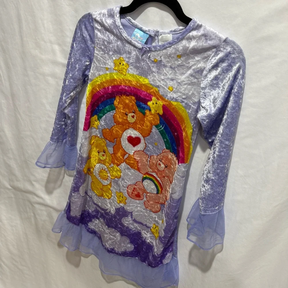 Vintage 2004 Care Bears Purple Velvet‎ Nightgown Dress Kids Size 10 Rainbow Gift